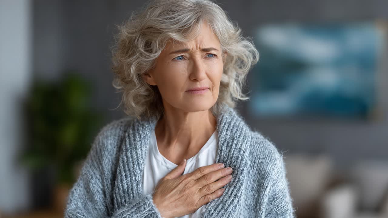 Un momento di riflessione catturato nel tempo, che ritrae un'anziana signora in un ambiente accogliente, che mostra emozioni autentiche e introspezione mentre si stringe il petto con preoccupazione
