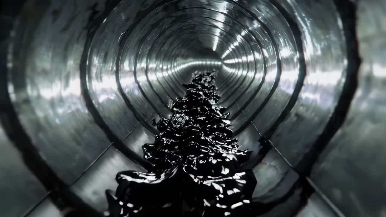 금속 파이프 터널을 통해 흐르는 검은 액체