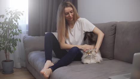 Young-woman-sitting-on-a-sofa-caresses-a-tabby-cat