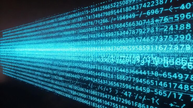 Visual Representation of Digital Data Flow: A Stream of Numerical Sequences Illuminated in Blue, Symbolizing Information Transmission in Modern Technology