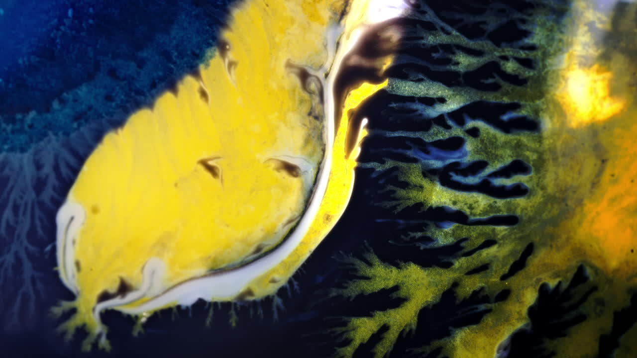 A swirl of vibrant ink blending in water, captured in macro, forming mesmerizing patterns