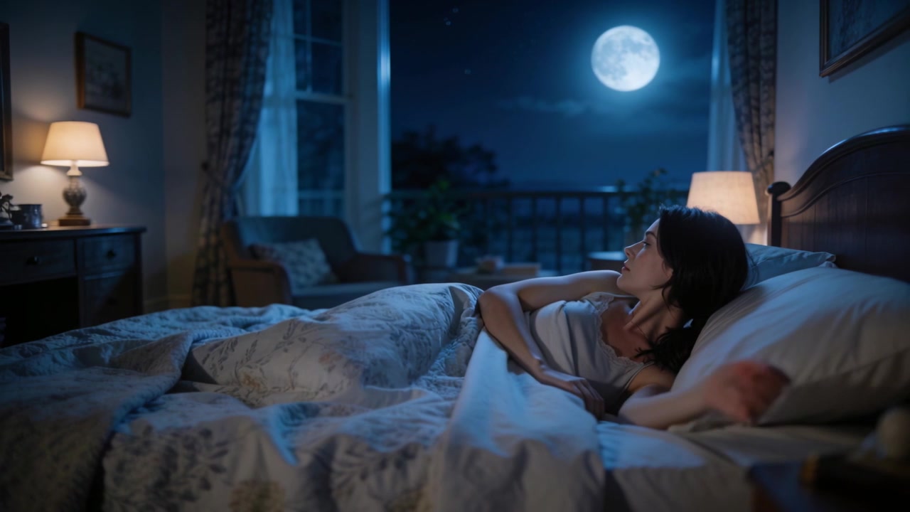 Shifting Asian woman wearing pjs in bed by moonlight, looking at moon, falling asleep, copy space