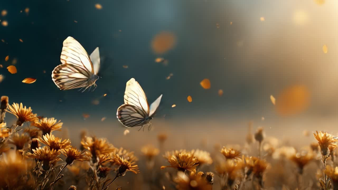 Un momento sereno nella natura: due graziose farfalle danzano sopra un prato di fiori dorati, catturando l'essenza della tranquillità e della bellezza nella luce del tardo pomeriggio