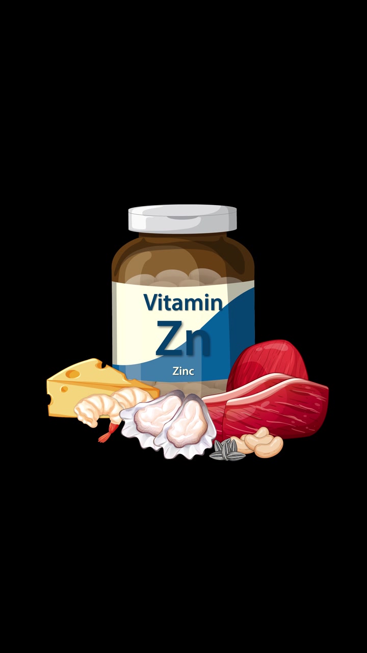 Zinc supplement bottle with cheese, meat, shrimp, nuts, and oyster illustrations on black background