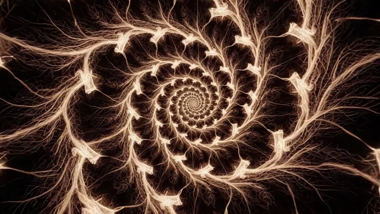 Captivating Geometric Patterns: An Intricate Spiral Design with Graceful, Flowing Lines and Radiant Light Accents, Perfectly Captured in Two Frames for Visual Delight