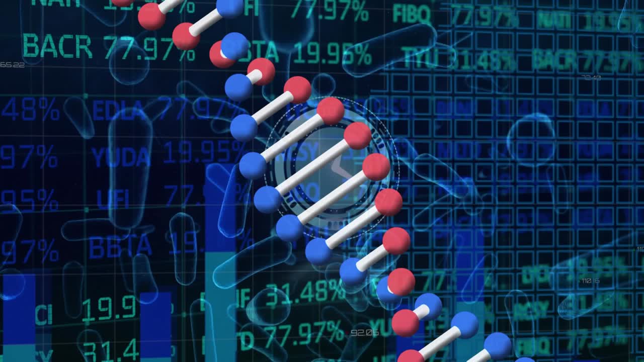 Animation of dna structure, blood vessels and ticking clock against stock market data processing