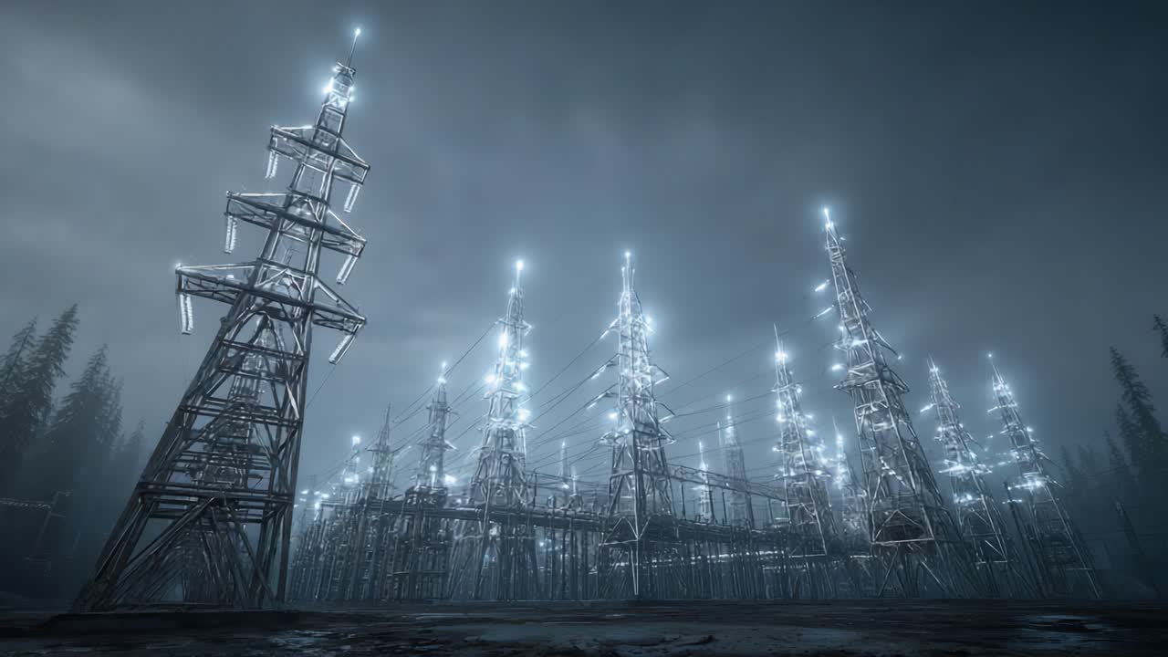 Rätselhaftes Stromnetz: Beleuchtete Türme ragen vor einem dunklen, bedrohlichen Himmel empor und schaffen eine unheimliche Atmosphäre am Rande von Wildnis und Technologie.