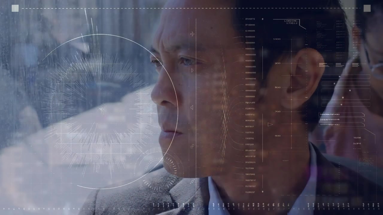 Animation of data processing over asian businessman in bus