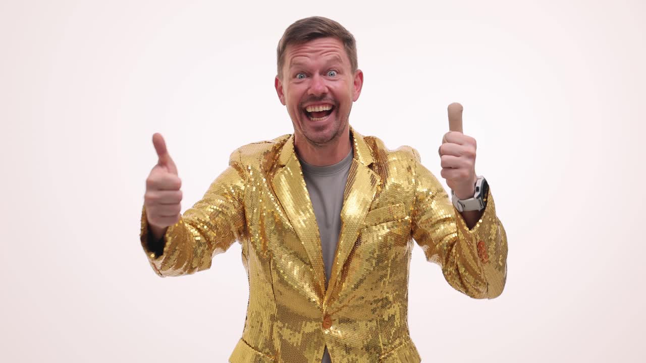 Excited Man in Gold Sequin Jacket Giving Two Thumbs Up