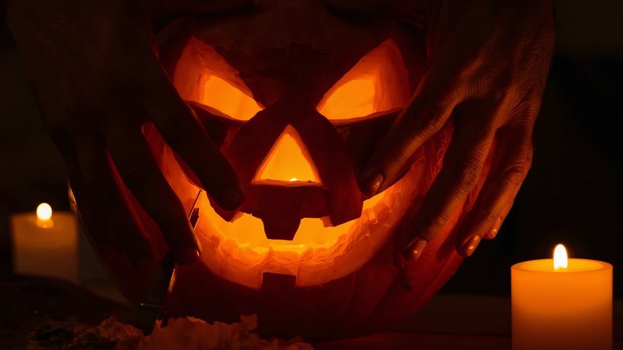 Entering hands smoothing carved pumpkin on table with scraper and candles, finishing Halloween