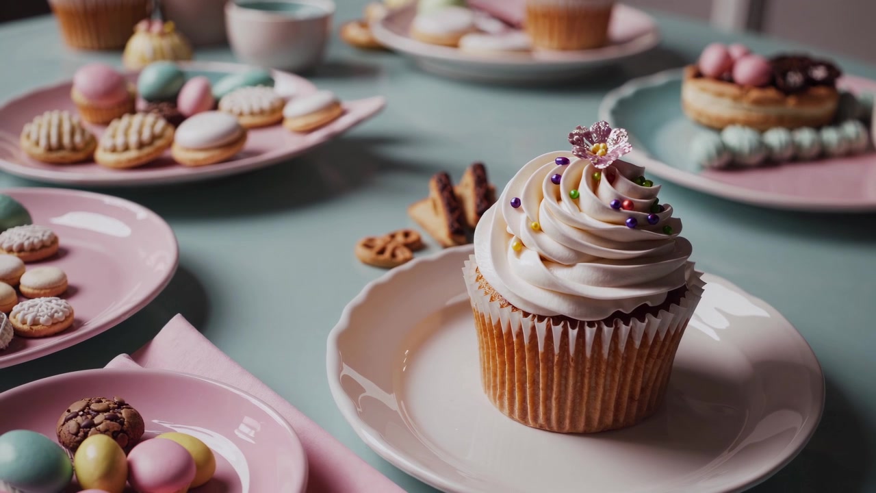 Cupcake decorato su un piatto circondato da dolci assortiti