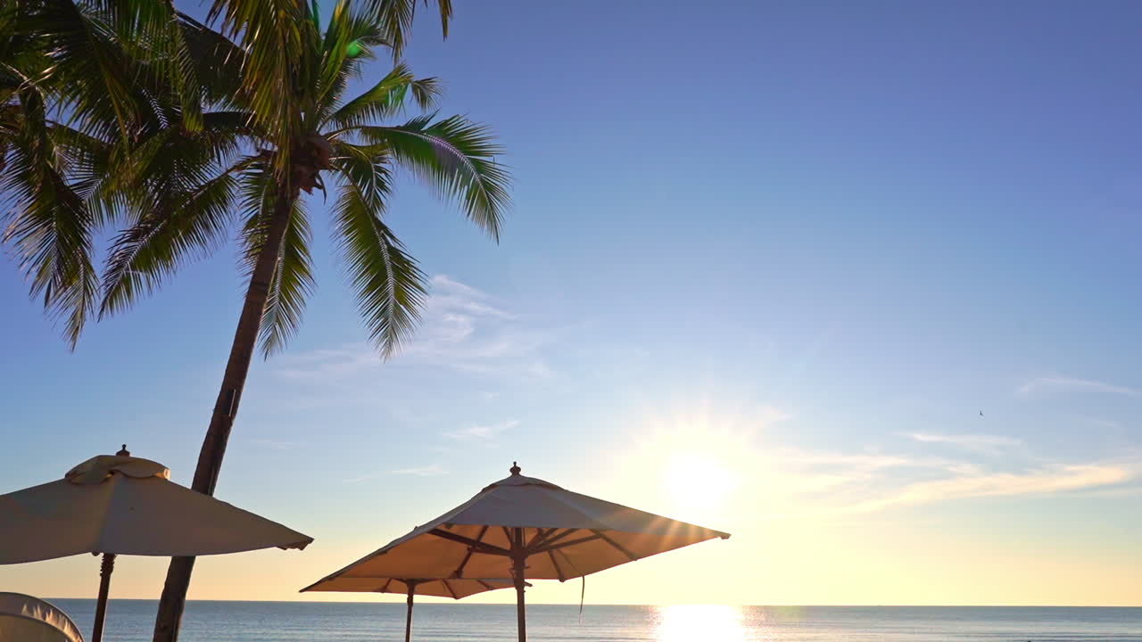 Under a bright tropical sun, sun umbrellas offer shade on the beach