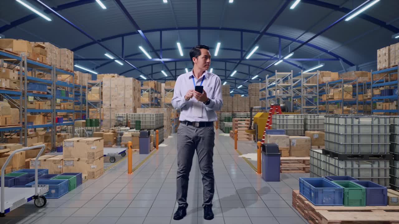 Lavoratore professionista maschio asiatico a figura intera con il suo smartphone in un magazzino con file di scaffalature; si guarda intorno prima di concentrarsi sul dispositivo.