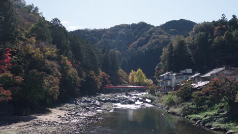 taigetsu bridge across tomoe river at korankei gorge during autumn season