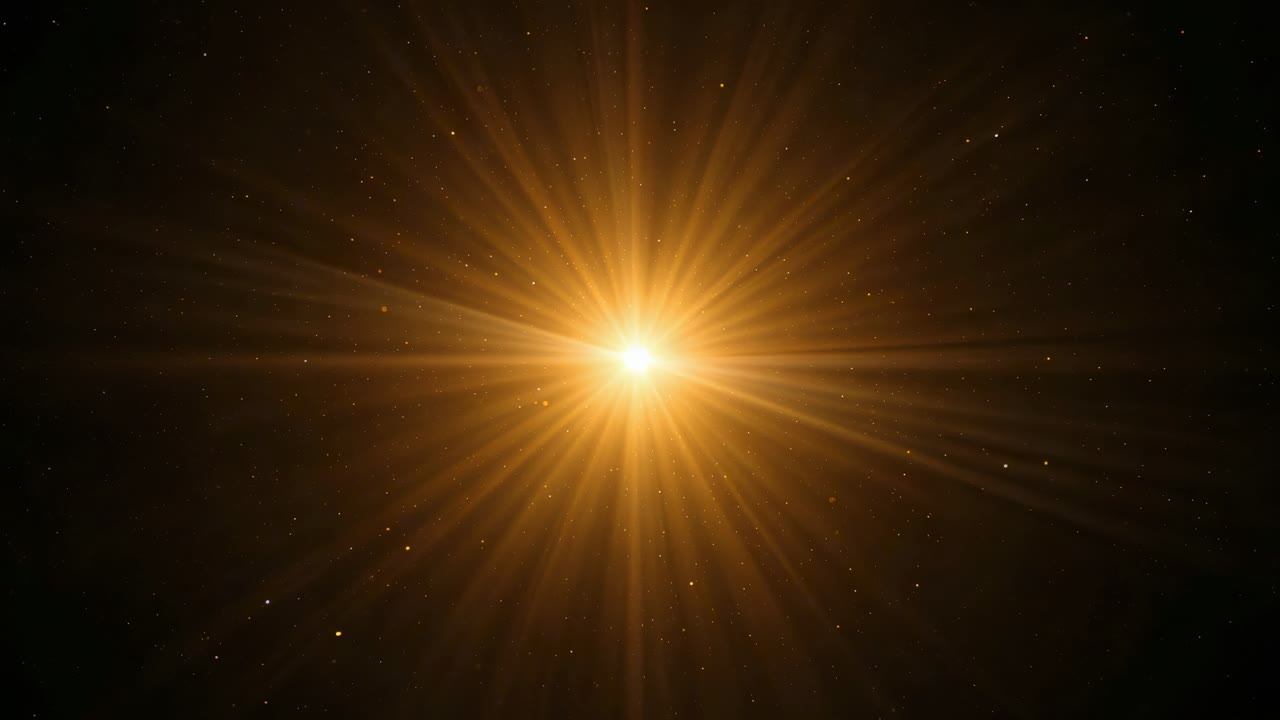 Pulsing central orange star light fluctuating as clip starts in dark starfield with flare streaks