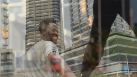 animation of blurred traffic over happy african america couple walking on street