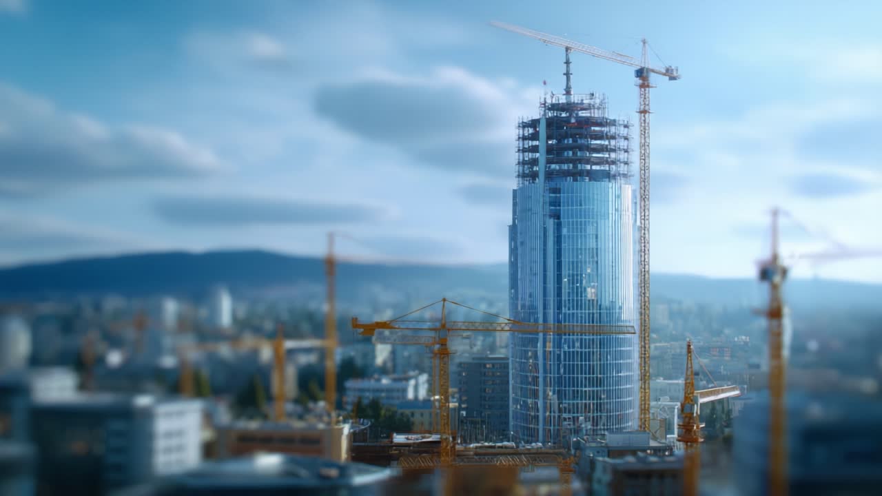 Progreso de la construcción de un rascacielos moderno con grúas y un paisaje urbano de fondo, que muestra el desarrollo urbano de una metrópolis