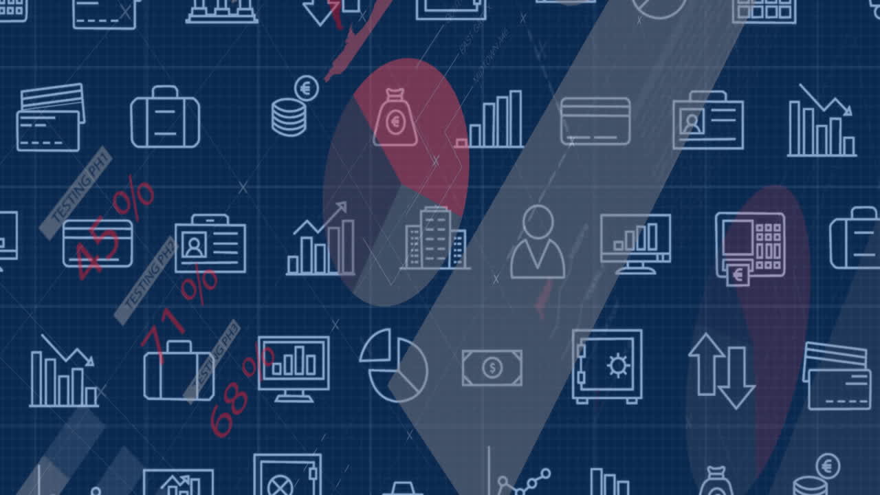Animation of financial data and technology icons with red highlights on blue background