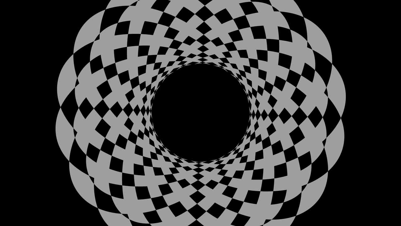 графический рисунок в черно-белом с стробоскопическим и гипнотическим эффектом, в то время как он вращается по часовой стрелке и увеличивается в размерах.
