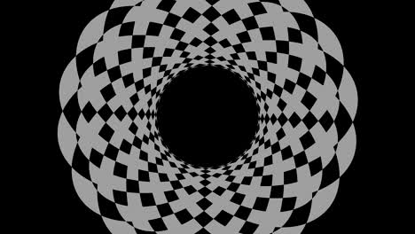 dibujo gráfico en blanco y negro con efecto estroboscópico e hipnótico, mientras gira en el sentido de las agujas del reloj y aumenta de tamaño.
