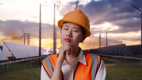 close up of asian female engineer with safety helmet thinking about something and looking around with solar panel and wind turbines