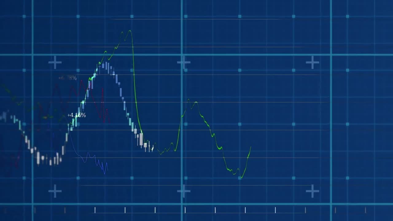 Digital animation of financial data processing over grid network on blue background