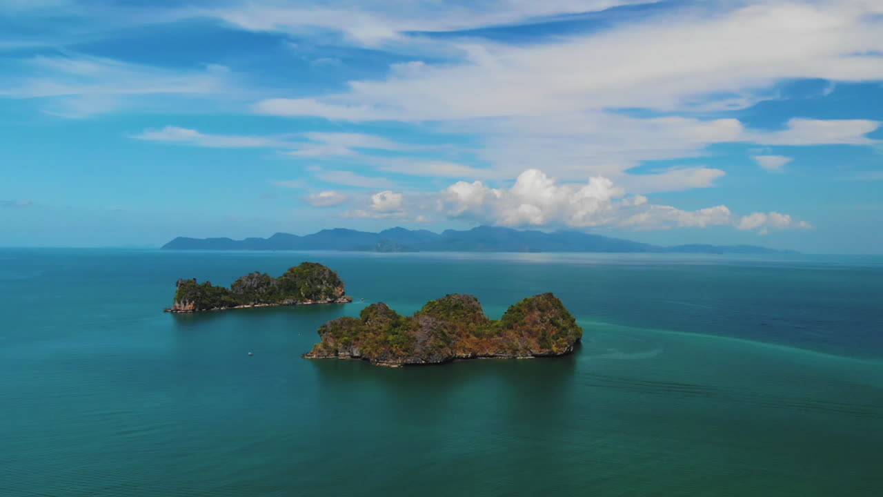 Clear aerial view of two neighboring islands near Langkawi Island in Malaysia, Pulau Gasing and Pulau Pasir