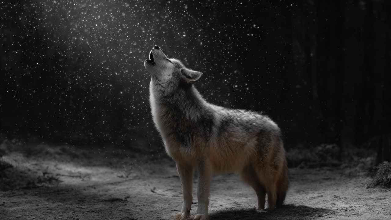 A Majestic Wolf Howling Under Ethereal Snowfall: Nature's Beauty and Wilderness Captured in a Poignant Moment