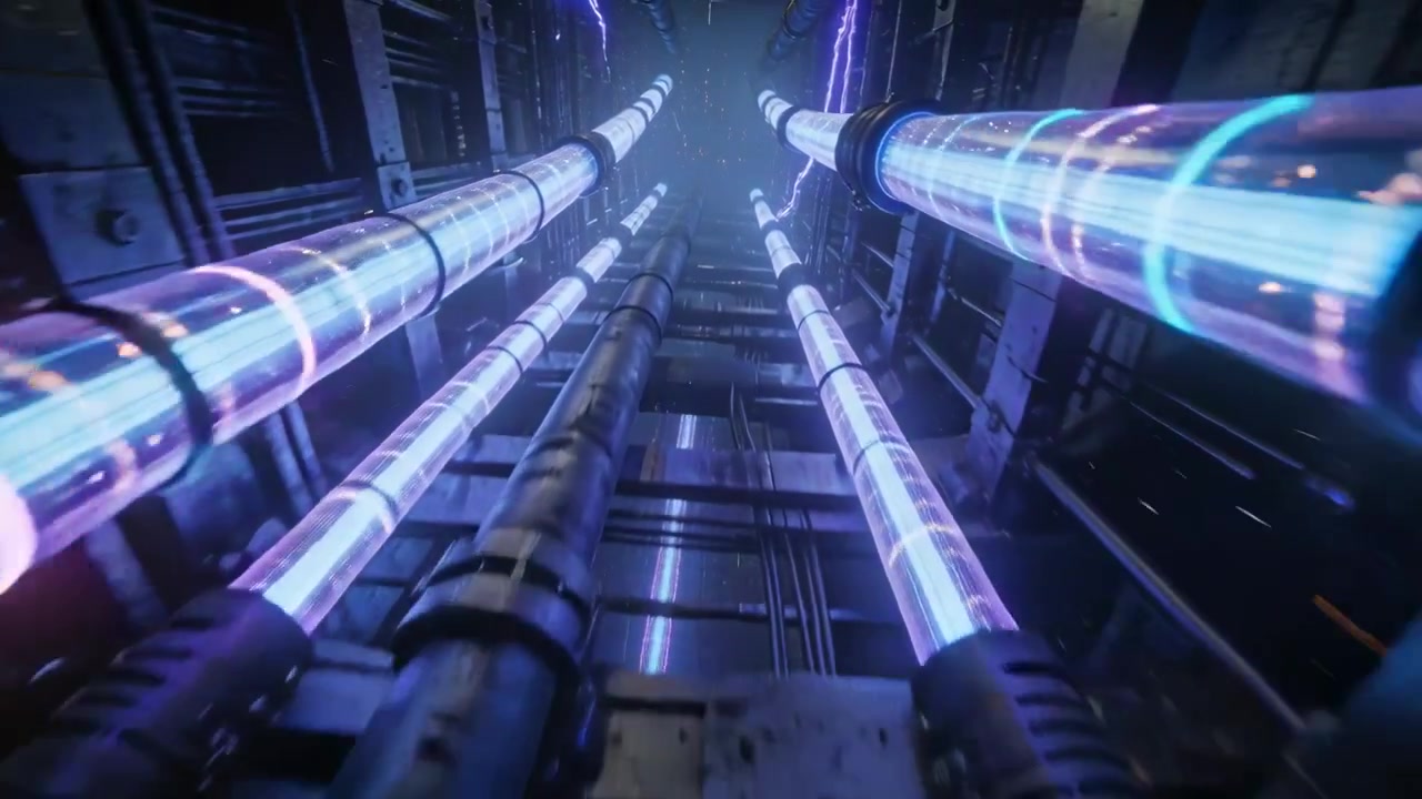 Ascending camera capturing illuminated energy conduits in industrial service shaft, monitoring arcs