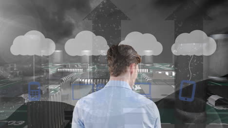animación de un hombre de negocios con nubes e iconos digitales