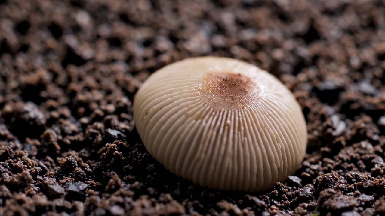 A small mushroom growing in dark soil