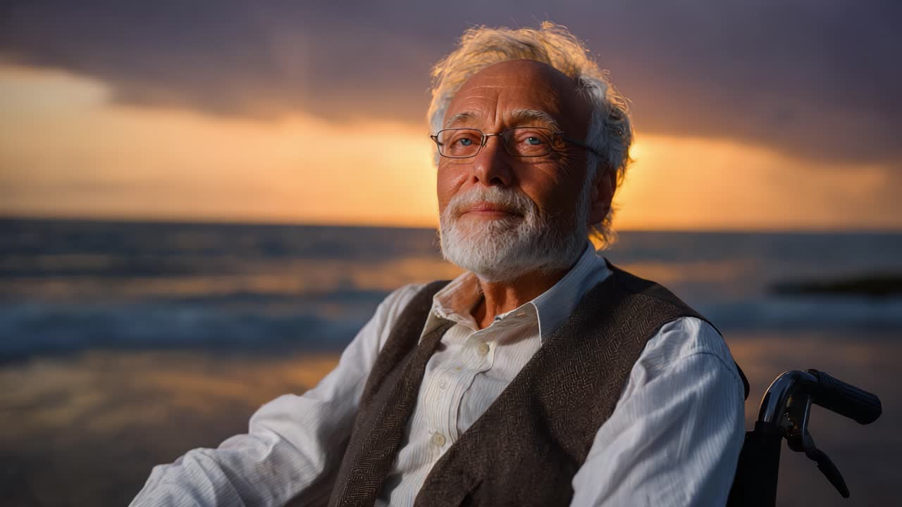 A contemplative elderly man with a thoughtful expression gazes into the horizon at sunset while seated in a wheelchair by the tranquil ocean shore