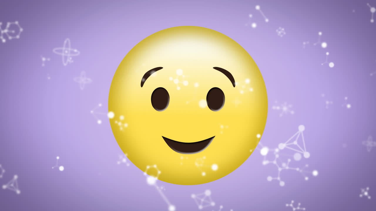 animación de redes blancas flotando sobre emoji felices y parpadeantes sobre un fondo púrpura pálido