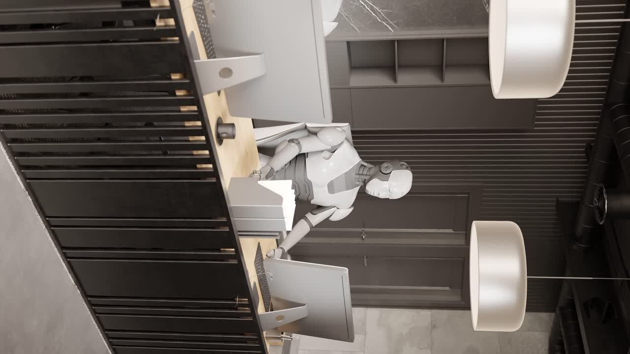 collega di squadra di robot futuristico umanoide cyber lavorando insieme nella reception dell'ufficio in albergo con laptop rendering animazione 3d intelligenza artificiale ai prendendo il sopravvento