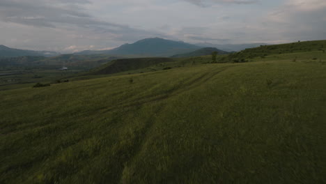 fast fly on rolling hills with evergreen landscape on a misty morning in georgia