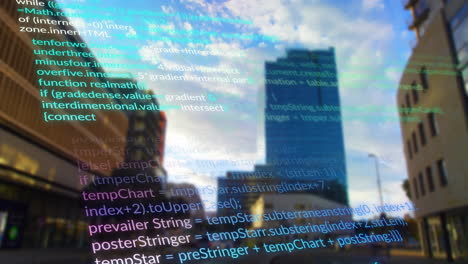 Computer code animation over cityscape with skyscrapers and cloudy sky