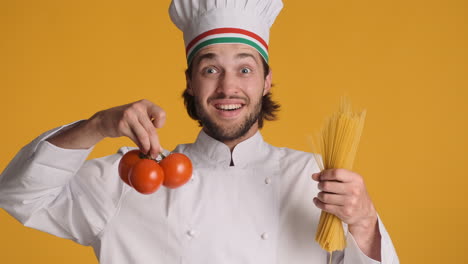 caucasian man in front of camera on yellow background.