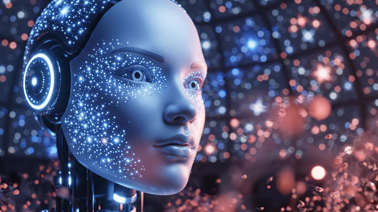 Volto robotico futuristico che mostra intricati motivi stellati in un ambiente etereo, catturando l'intersezione tra tecnologia e arte in un contesto cosmico.