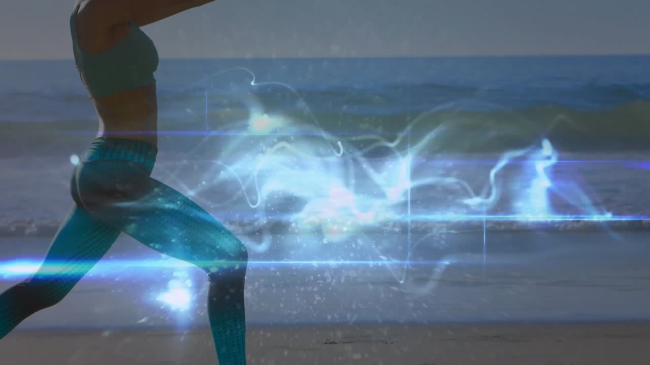 Mulher pisando na praia e avançando para a pose de guerreiro de yoga enquanto ativa um redemoinho azul de bem-estar.