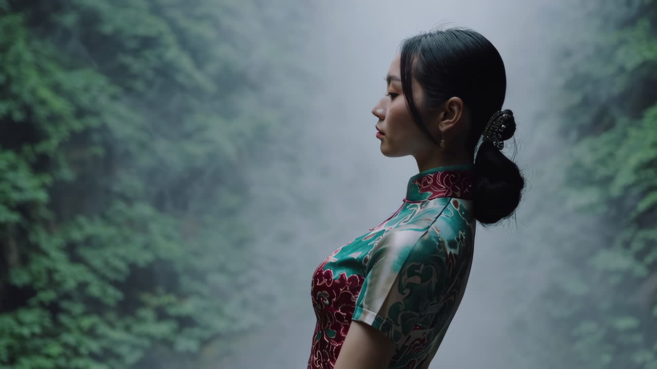 Woman in Traditional Chinese Dress by Waterfall