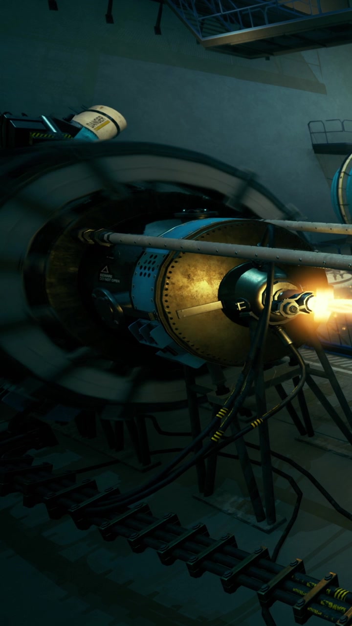 Turbine spinning in an industrial space during evening work hours