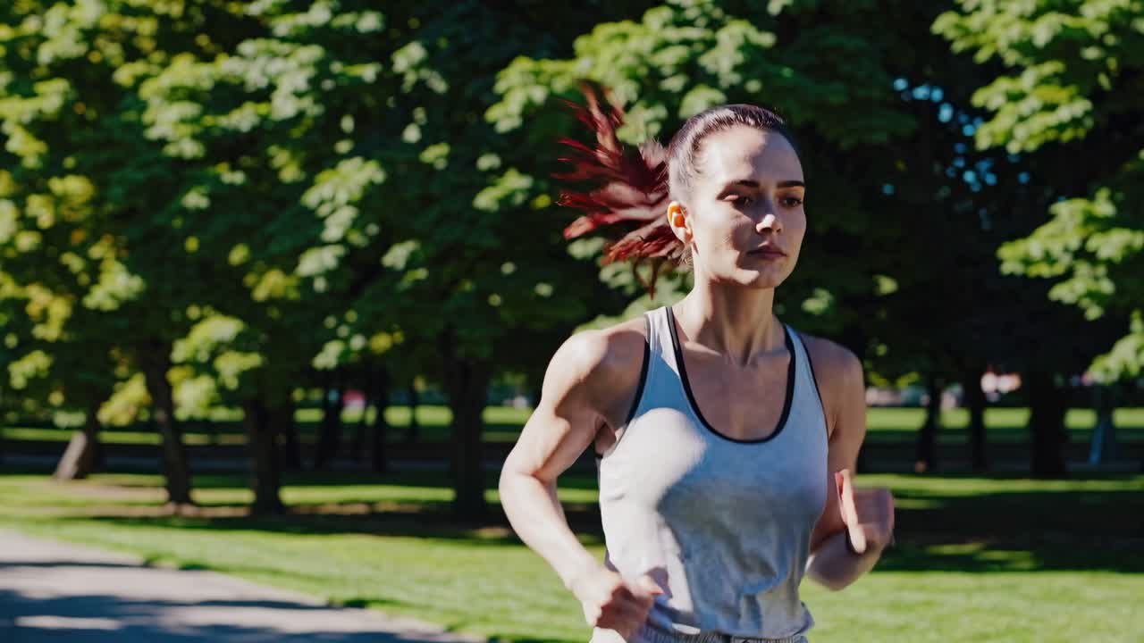 Un fotogramma dinamico di un video di una donna che fa jogging in un parco, ripreso da una angolazione bassa, che enfatizza il movimento