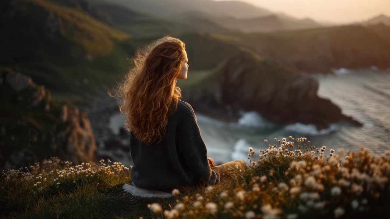 A Serene Moment by the Cliffs: A Woman Sitting Gracefully Amidst Nature's Beauty with Waves Crashing Below as the Golden Sun Sets Over the Horizon