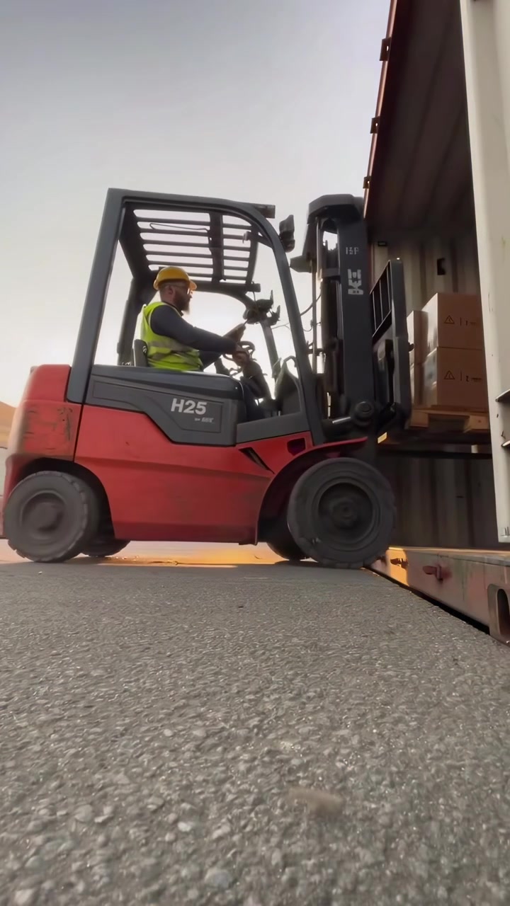 Conductor de montacargas cargando mercancía en un contenedor de envío al atardecer