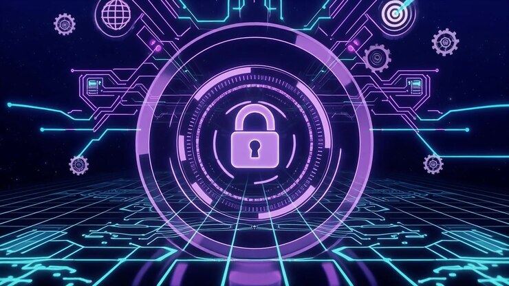 Cybersecurity Concept with Glowing Padlock and Digital Circuitry