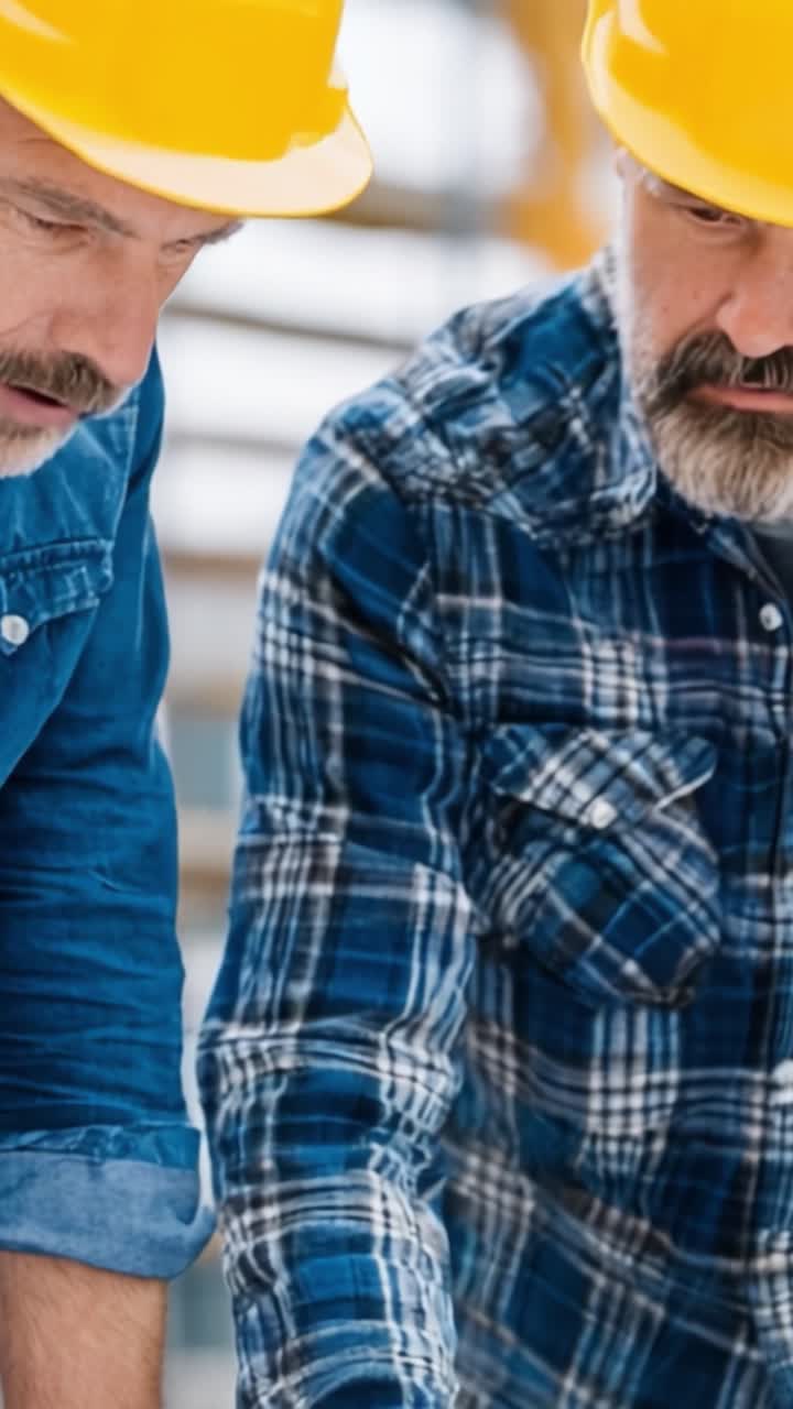 Dos profesionales de la construcción colaborando en planos de proyectos con cascos, concentrados en su trabajo y discutiendo detalles importantes en un entorno dinámico.