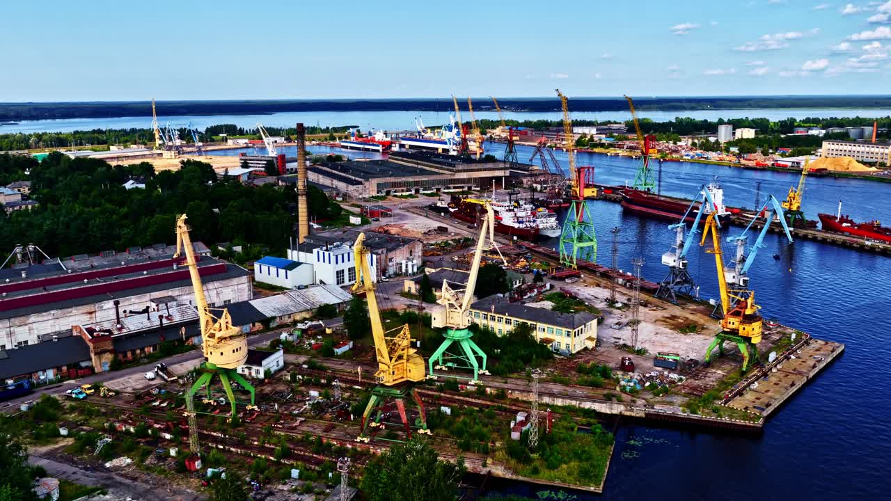 Riga port Latvia Baltic Sea cargo bulk material ferry terminal industrial, aerial drone