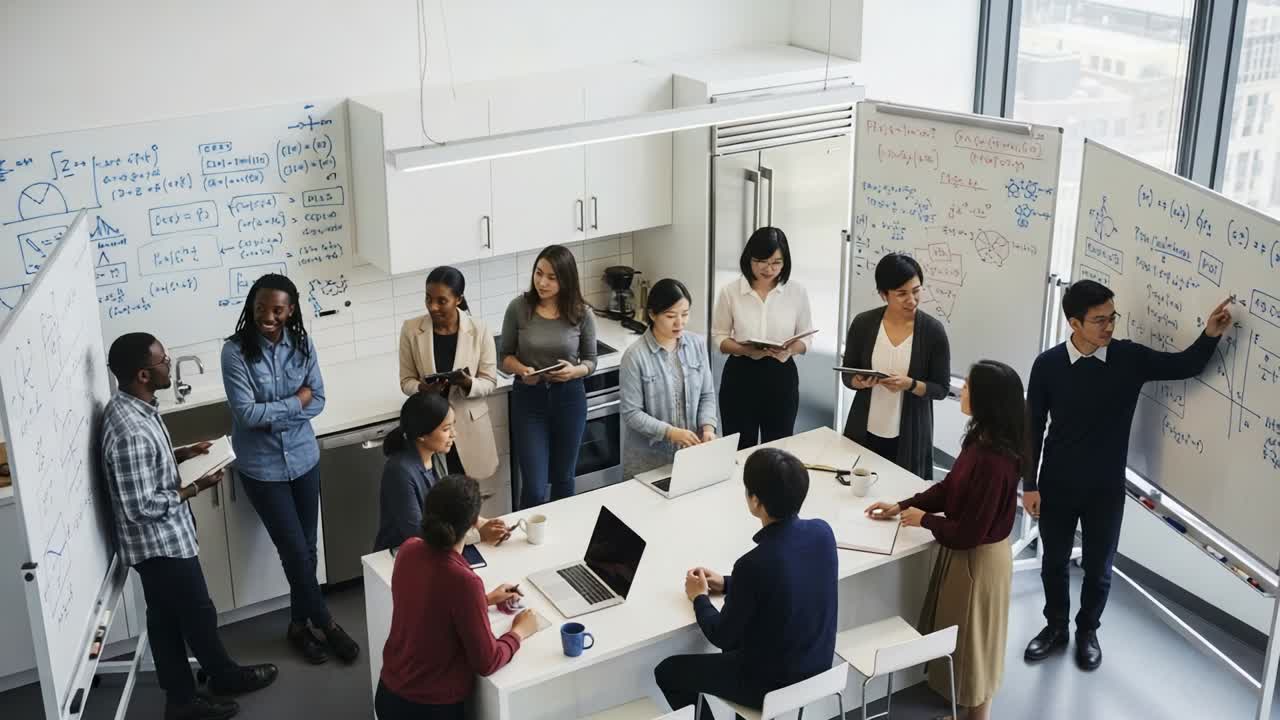 Collaborative Learning Session in Modern Workspace with Diverse Group Engaged in Knowledge Sharing and Problem Solving through Interactive Discussion and Visual Tools on Whiteboards
