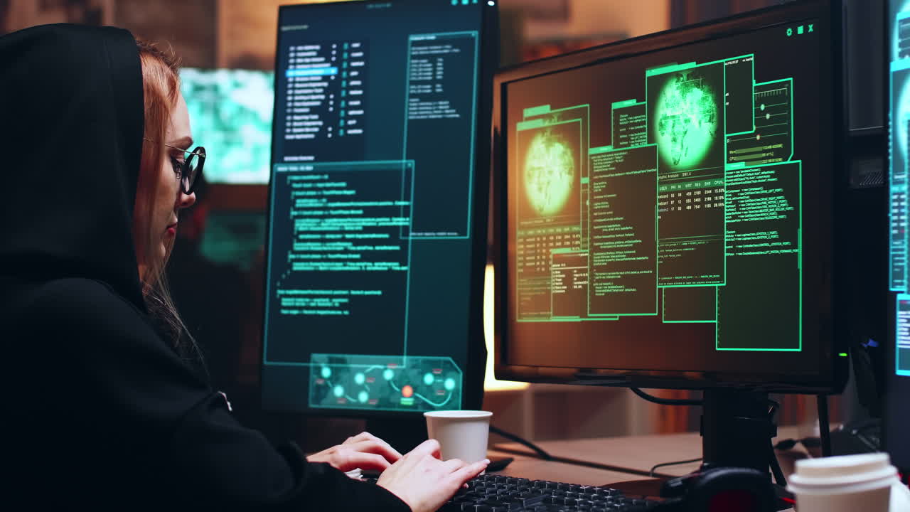 Girl hacker sitting at her super computer