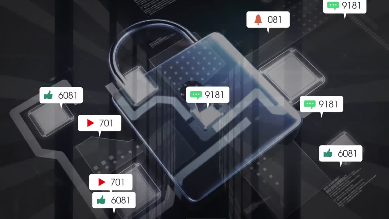 animación de cerraduras y iconos de redes sociales y procesamiento de datos.